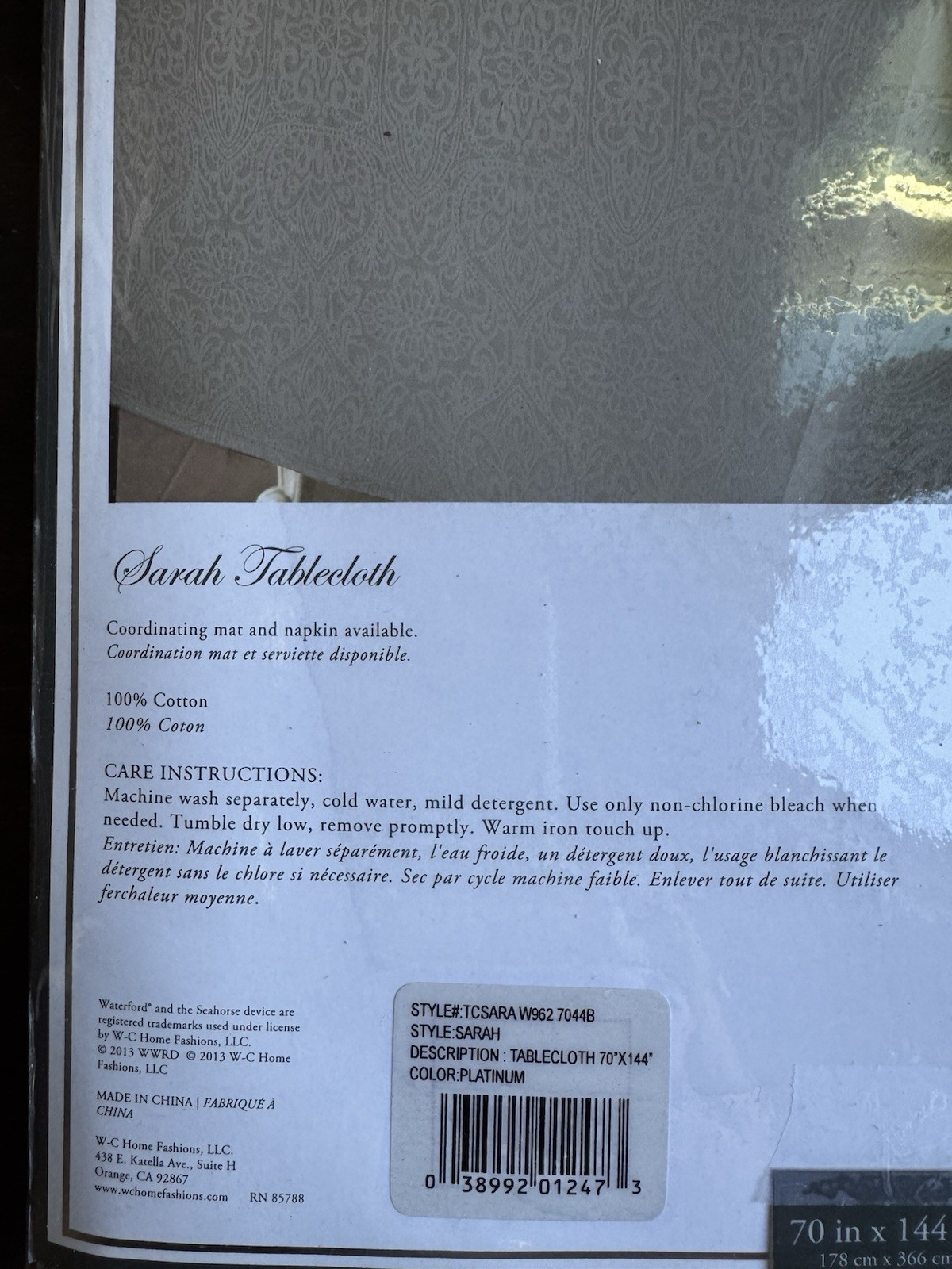 $90 NEW SARAH GRAY WATERFORD LINENS TABLECLOTH Oblong 70”x144” 12 To 16 Seats