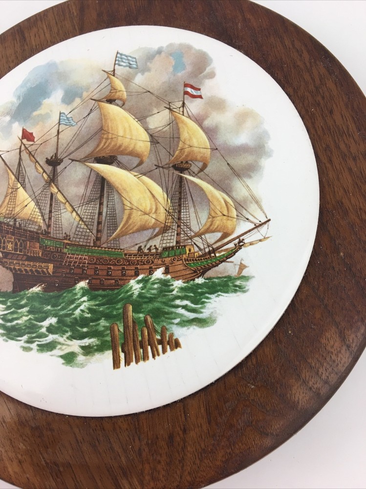 Wood Framed Ceramic Ship Sailing Boat Trivet
