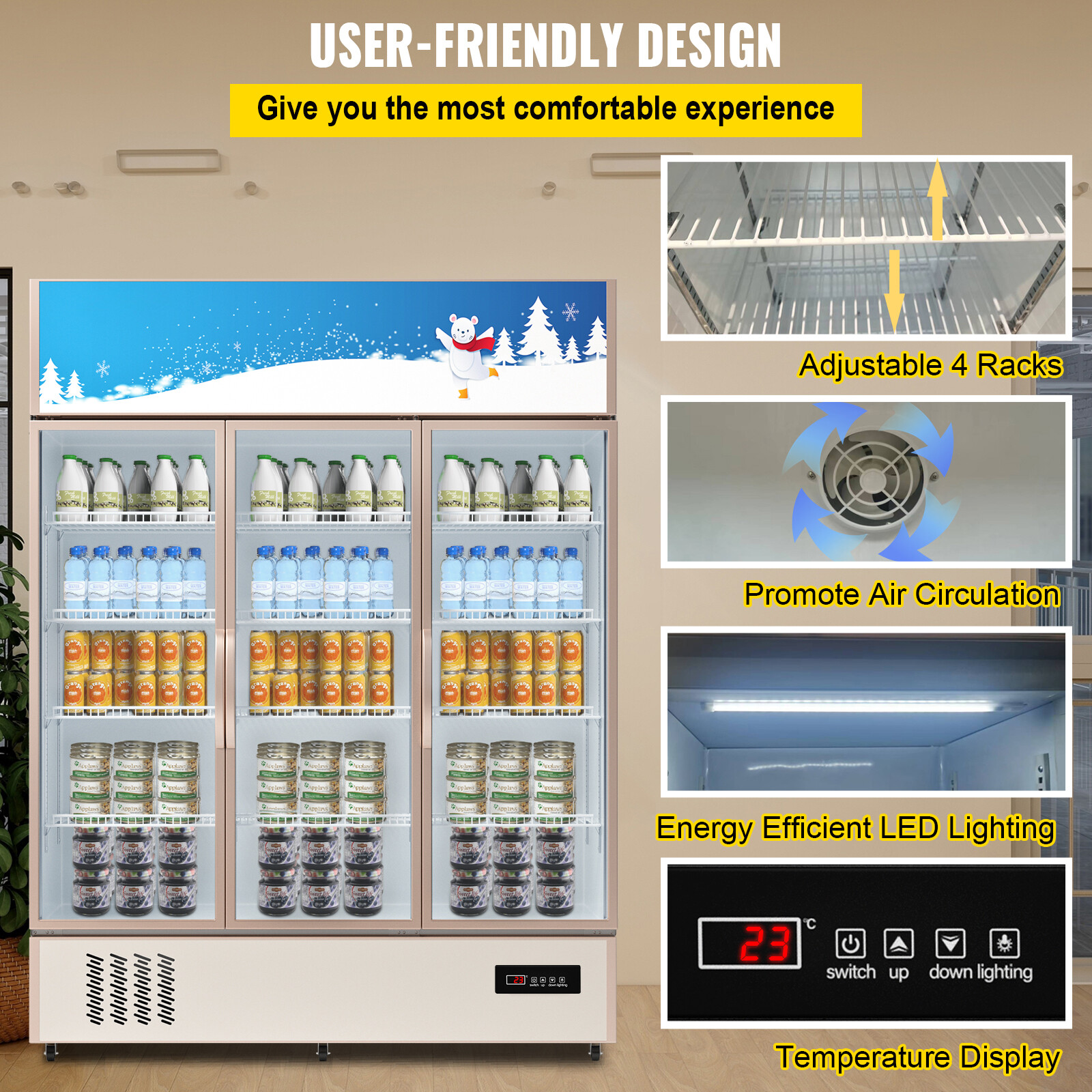 59'' Commercial Merchandiser Refrigerator 35 Cu.ft Beverage Cooler 3 Glass Doors