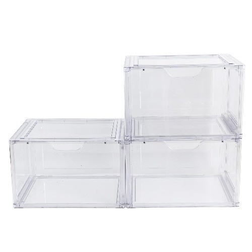 Mainstays 3 Pack Stackable Clear Glossy Plastic Drop Front Shoe Organizer 1 Tier