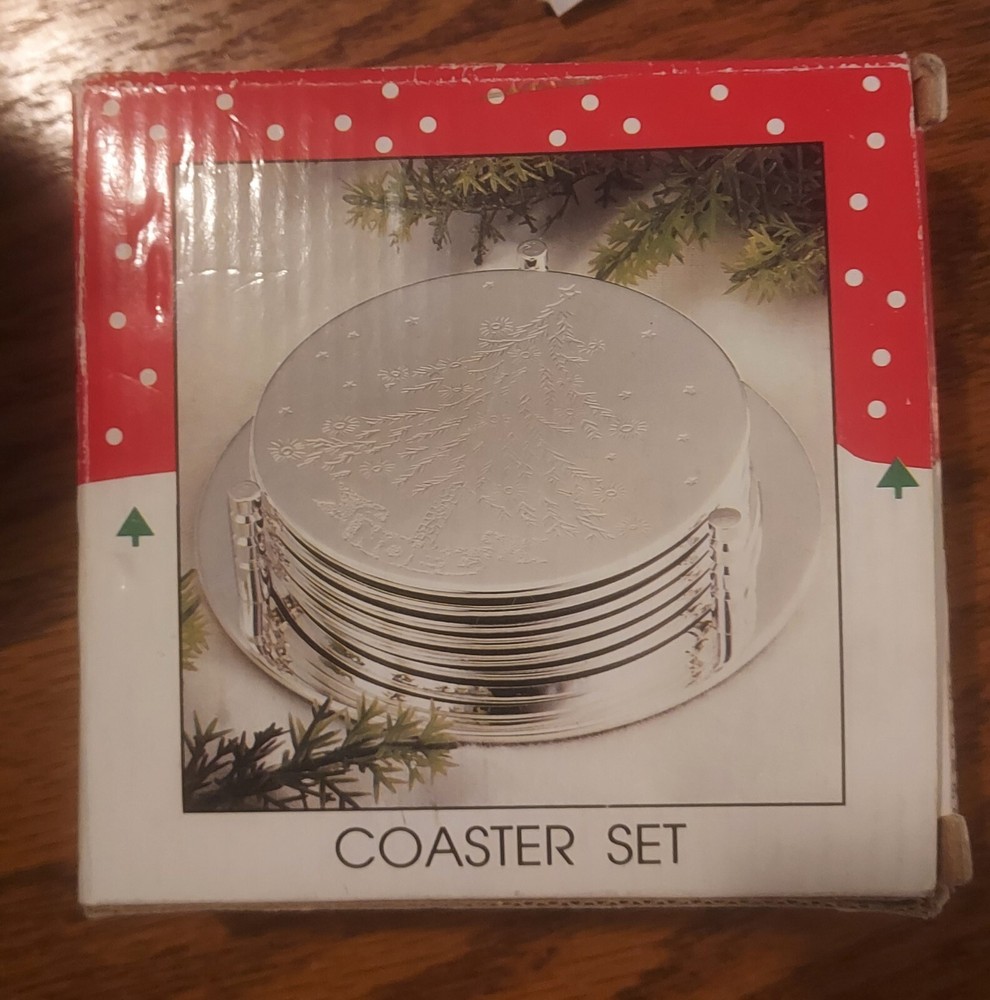 SILVER-PLATED 7PC. CHRISTMAS TREE COASTER SET 3 5/8"