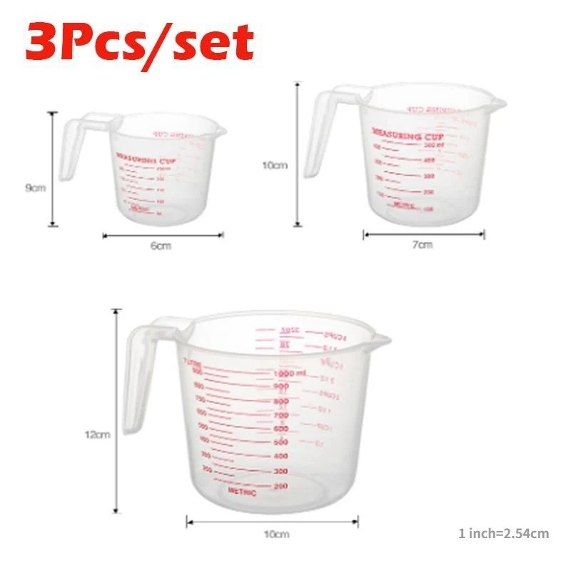 3pcs Plastic Measuring Cups Set 250/500/1000ml Liquid Beaker Kitchen Baking