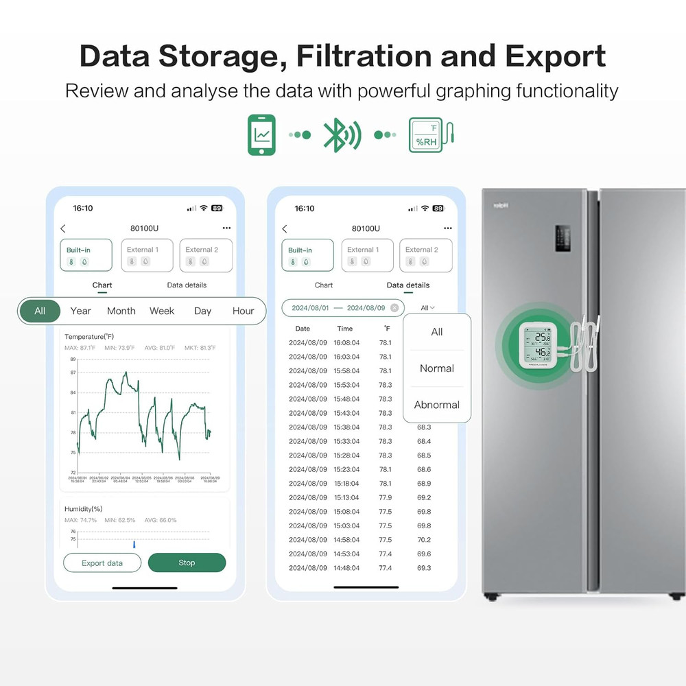 Freshliance Temperature Humidity Data Logger Recorder Bluetooth with 2Pcs Extern