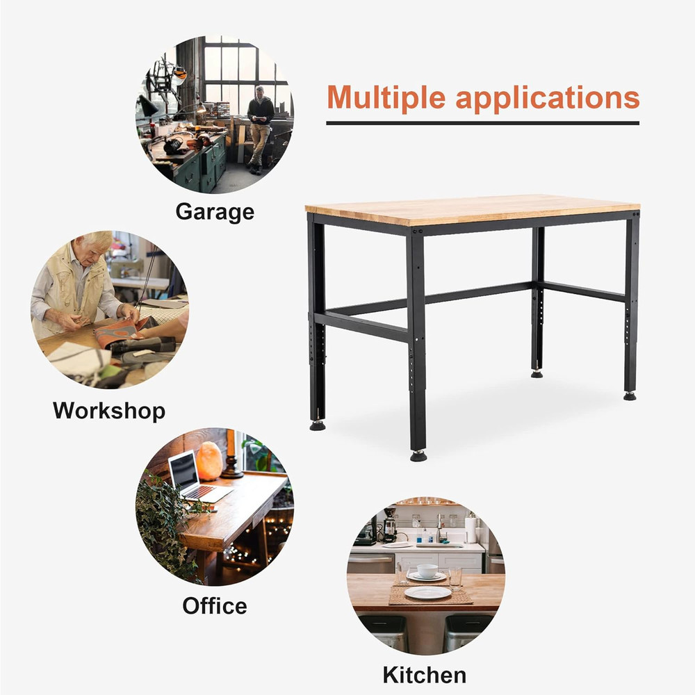 Mcombo 48" Adjustable Workbench with Oak Wood Top, Overall Steel Frame Worktable