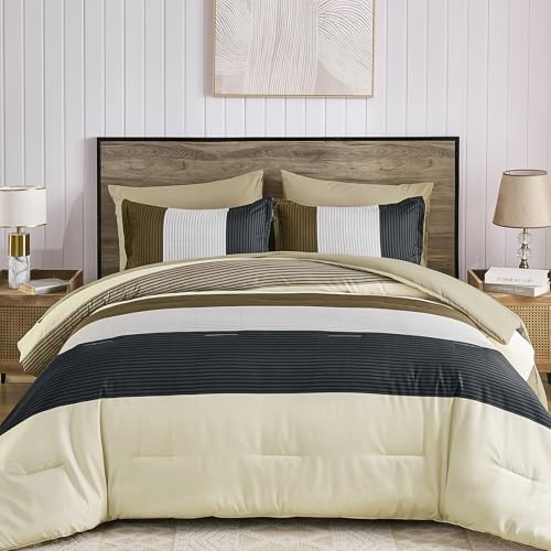 7 Pieces Striped Size Comforter Set, Soft Microfiber Down King Brown-beige