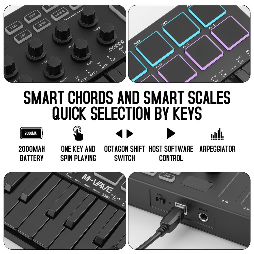 25 Key USB MIDI Keyboard Controller With 8 Backlit Drum Pads, Bluetooth Semi ...