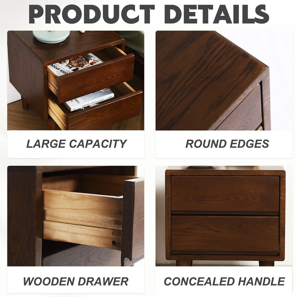 Solid Oak Wood Nightstand, Bedside Table with 2 Drawer, Mid-Century Luxury Ni...
