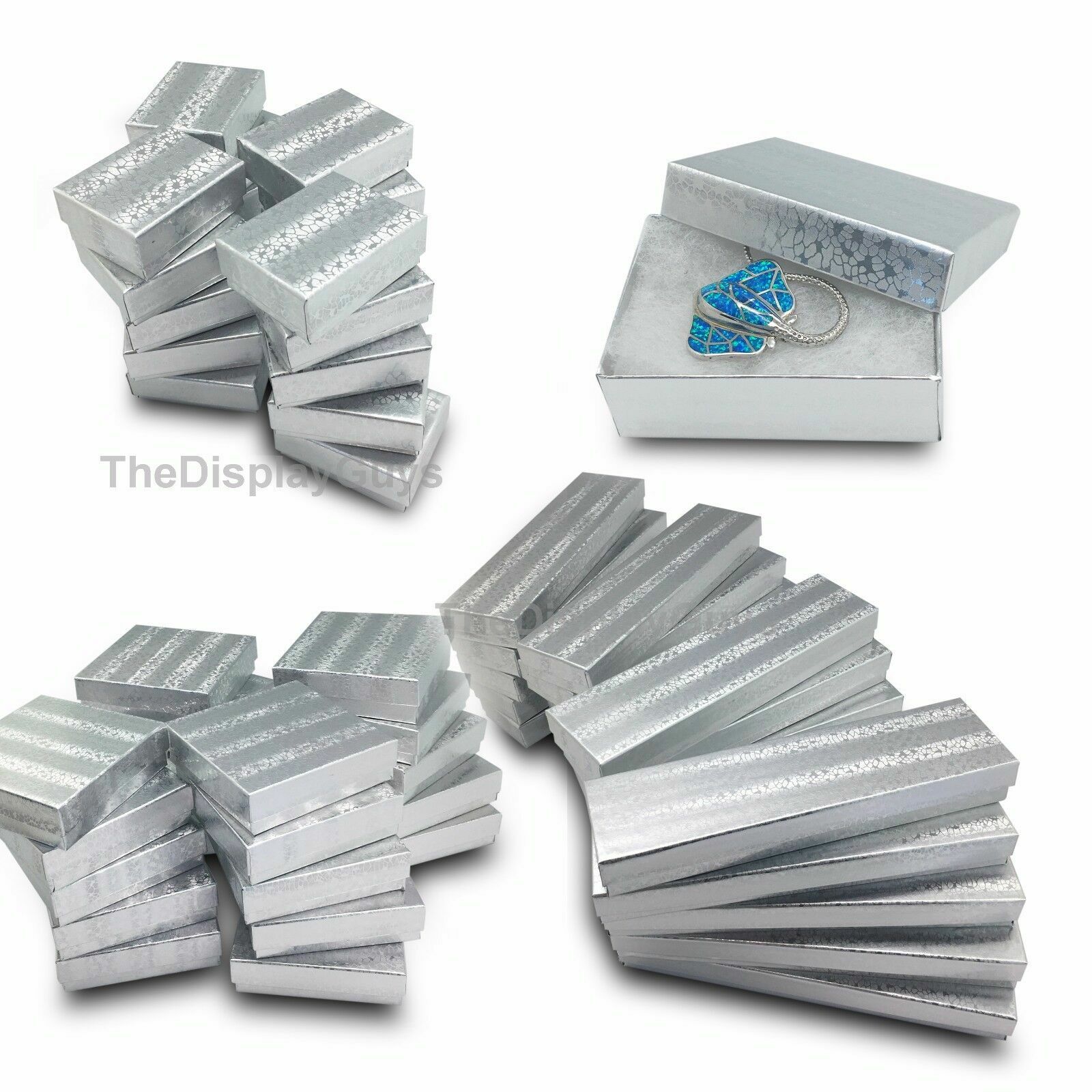 BULK Cardboard Jewelry Gift Boxes w/ Cotton Fill Padding - Silver Foil 11 Sizes