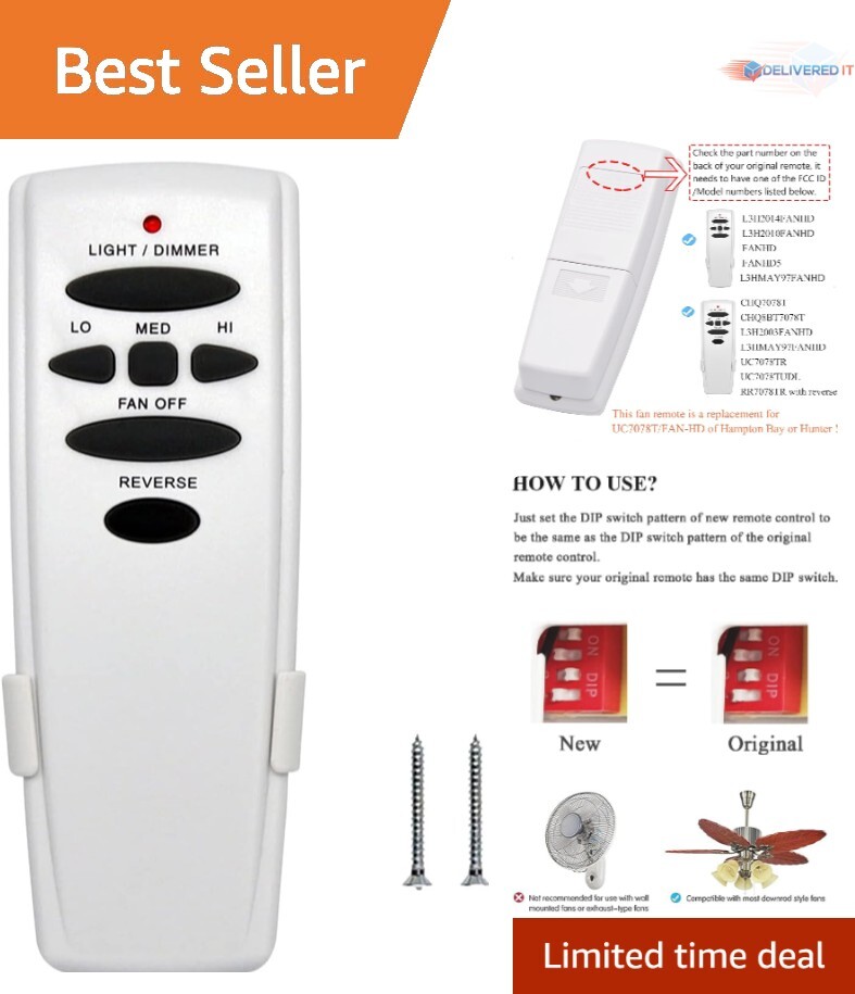 Ceiling Fan Remote Control Universal Wireless Reverse Function White 50ft Range