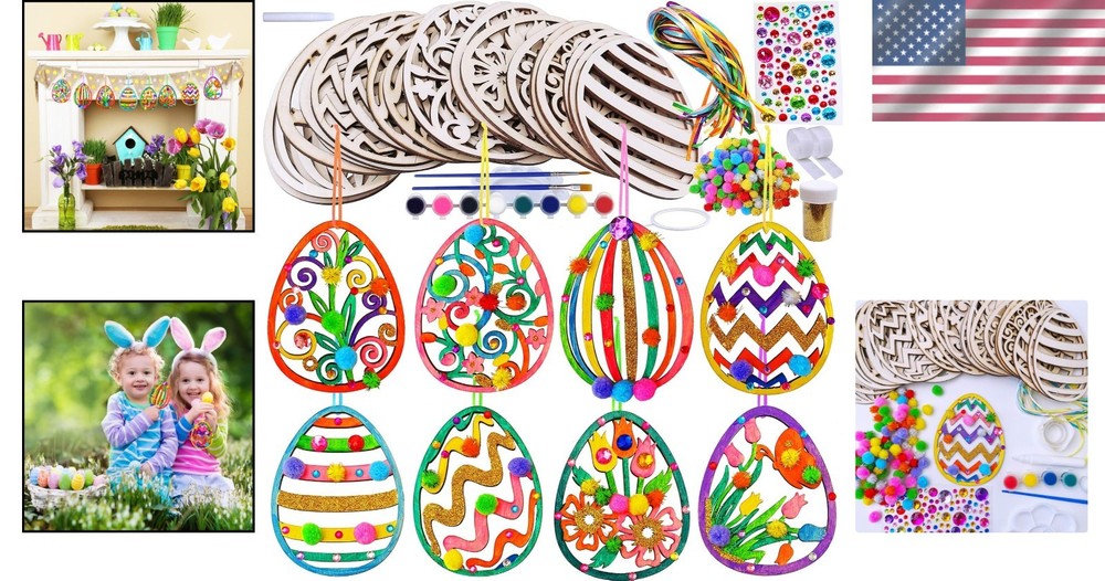Complete Easter Craft Kit: 32 Wooden Easter Eggs with Paints & Glitter Accents