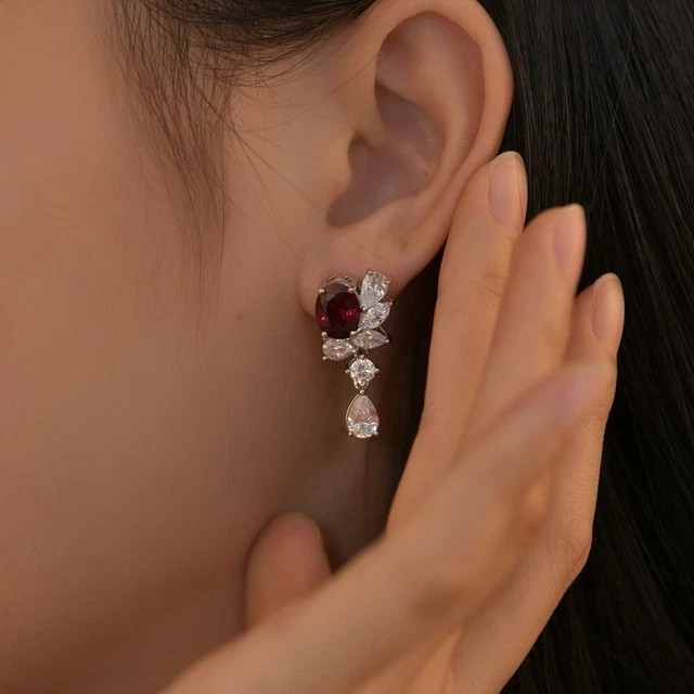 2.20Ct Oval Cut Lab-Created Red Ruby Drop Dangle Earrings 14k White Gold Plated