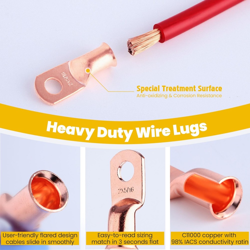 264 PCS Battery Cable Ends Kit, Copper Wire Lugs, Ring Terminals, Heat Shrink...