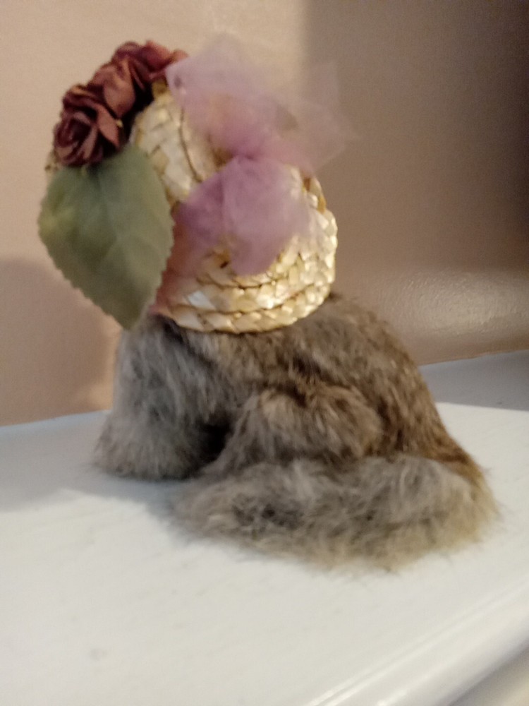 Fancy Cat Kitten Rabbit Fur Straw Hat 5.5" Figure