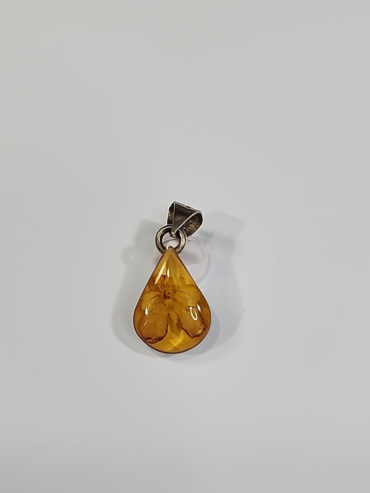 Sterling Silver Preserved Flower Tear Drop Pendant Marked Mexico