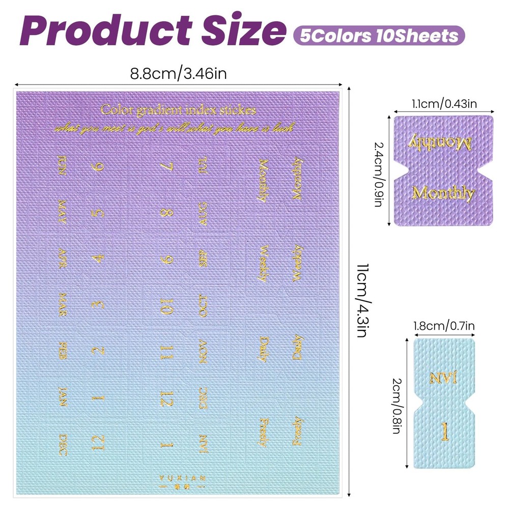 10 Sheet Monthly Tabs for Planners, Gradient Color Planner Multicolor