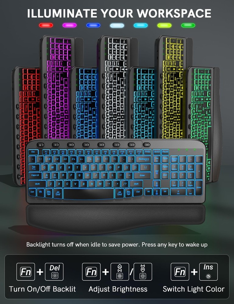 Ergonomic Wireless Keyboard and Mouse Combo - Wave Keyboard with Soft Leather...