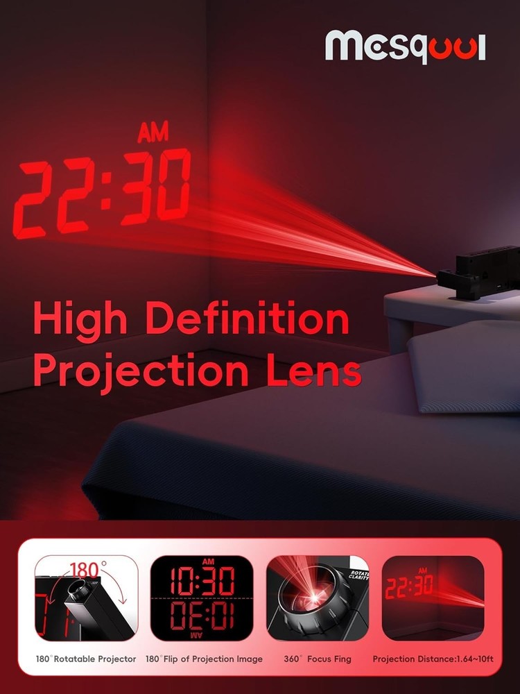 Rotatable Projector Alarm Clock, Clear Display, USB Charger