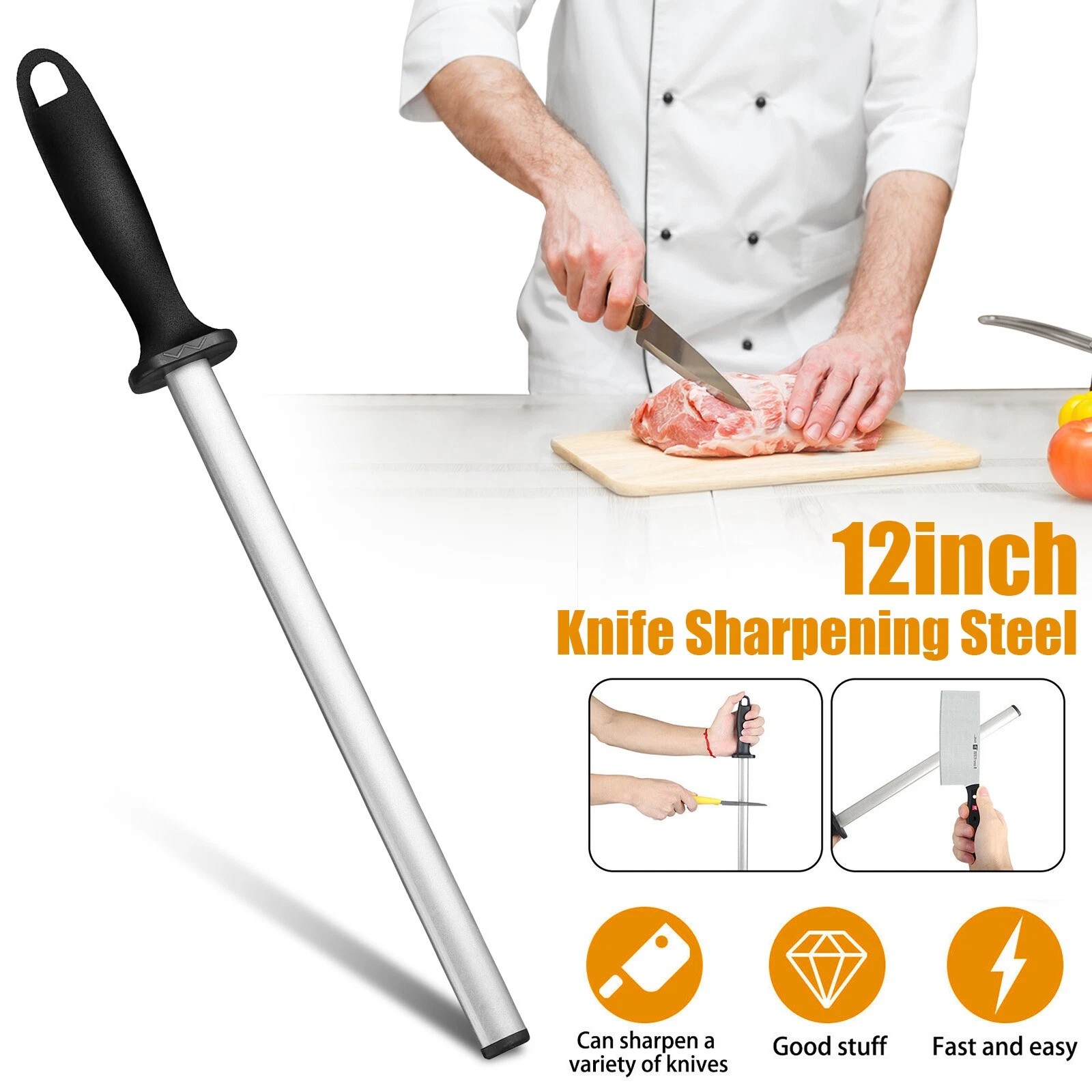 12in Diamond Knife Sharpener Honing Rod Oval Kitchen Tool