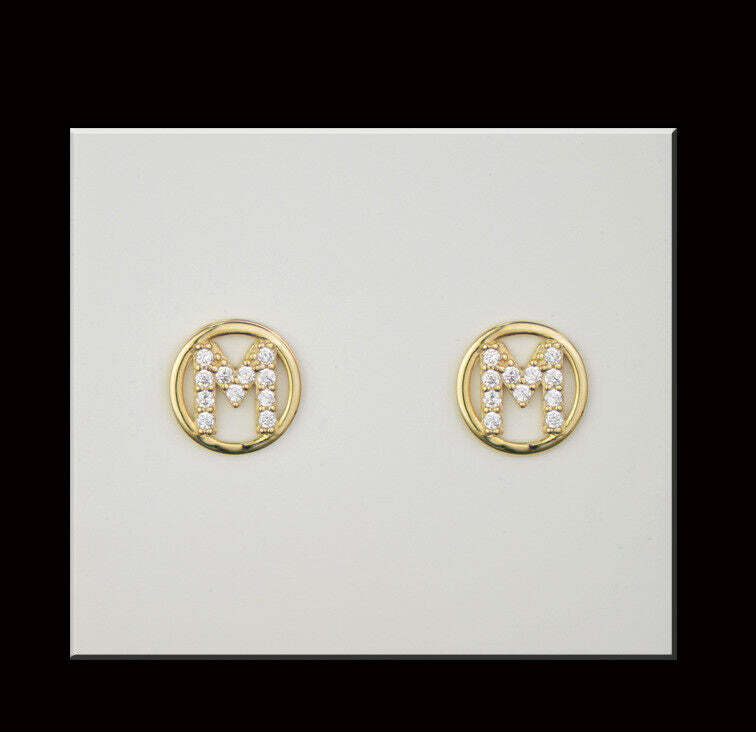 14k Yellow or White Gold Round Initial Letters CZ Stud Earrings