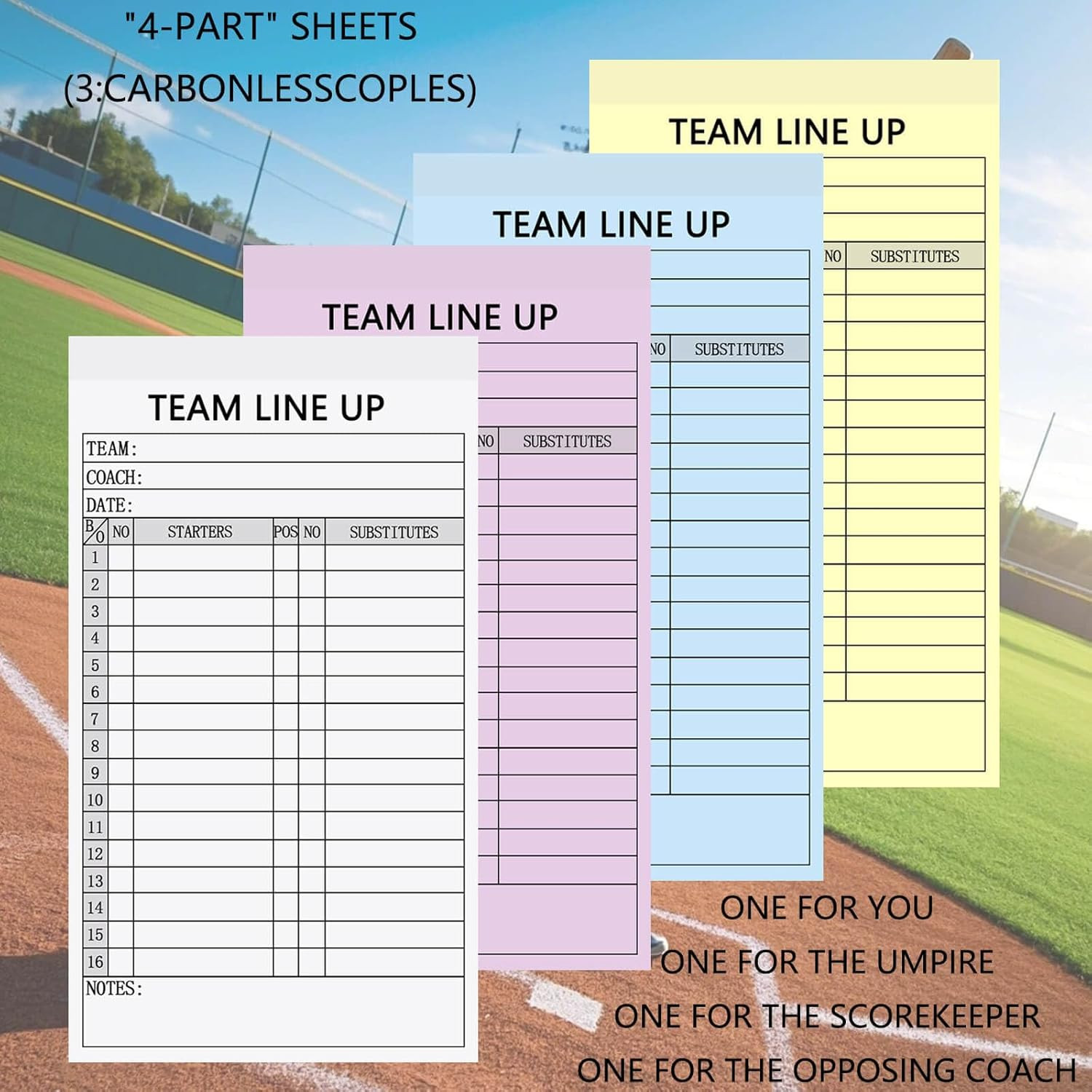 Baseball/Softball Lineup Cards, 4-Part Carbonless Copies with Tearing Line, 150