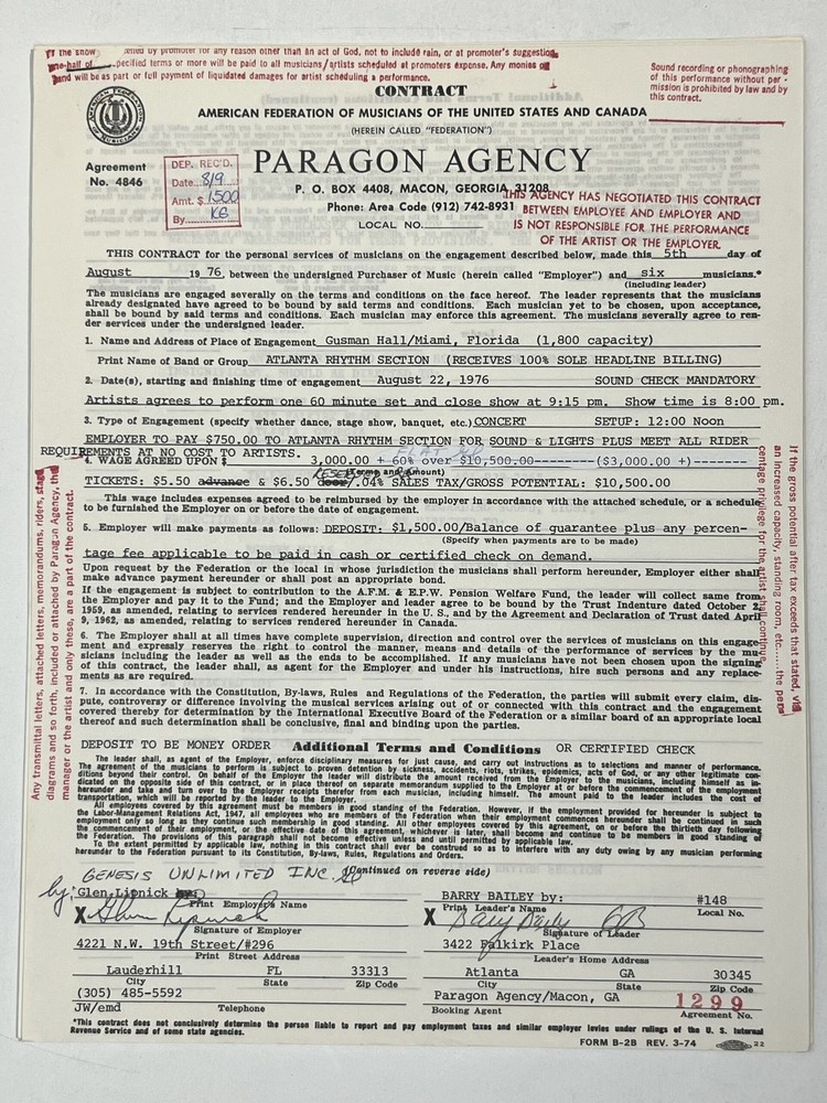 The Atlanta Rhythm Section Concert Contract 1976 Miami FL