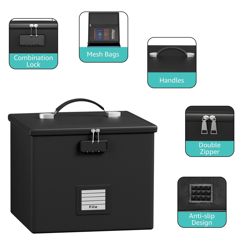 Fireproof File Box Document Organizer Waterproof Locking Storage with Handle