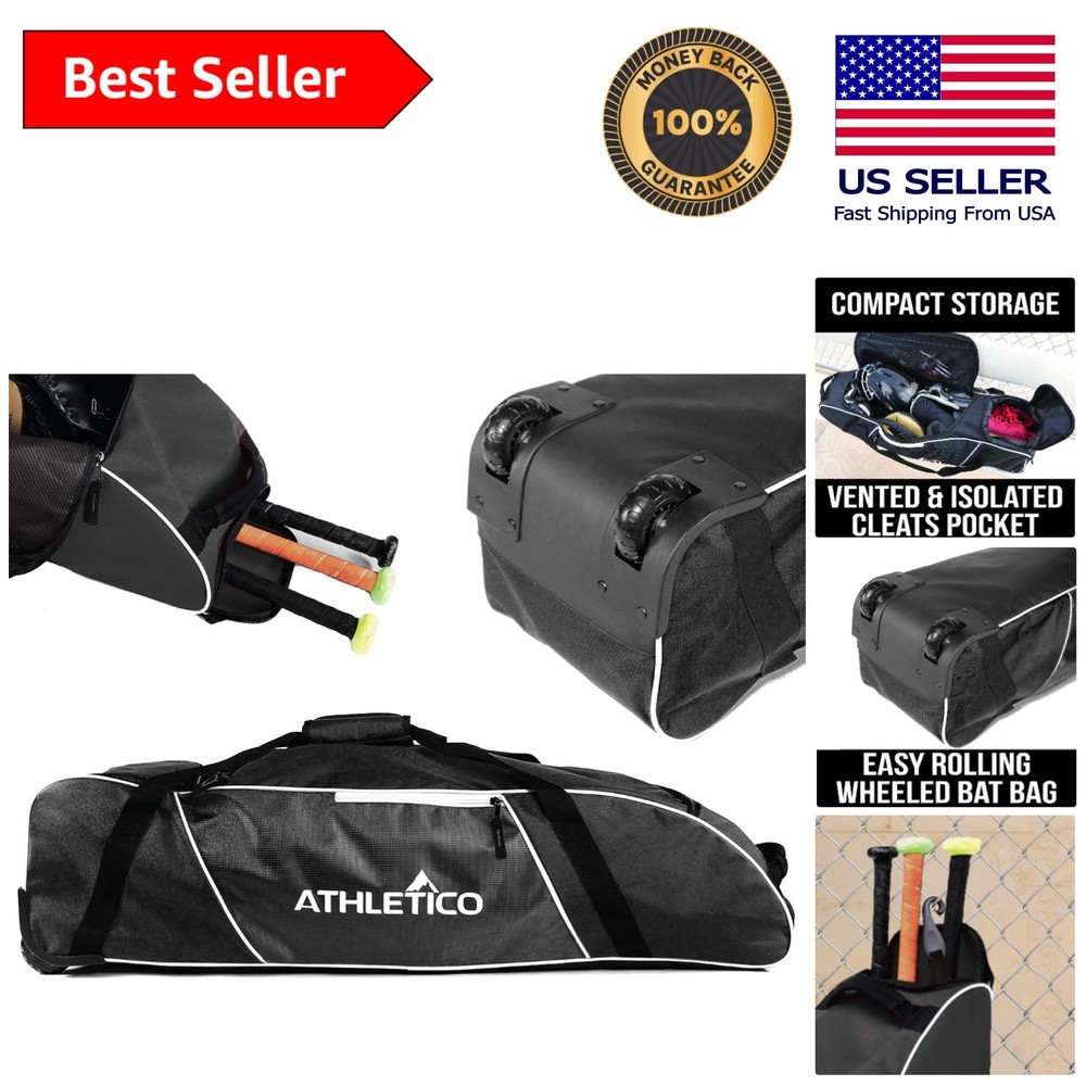 Large Rolling Black Baseball Bag with Ventilated Shoe Compartment & Pockets
