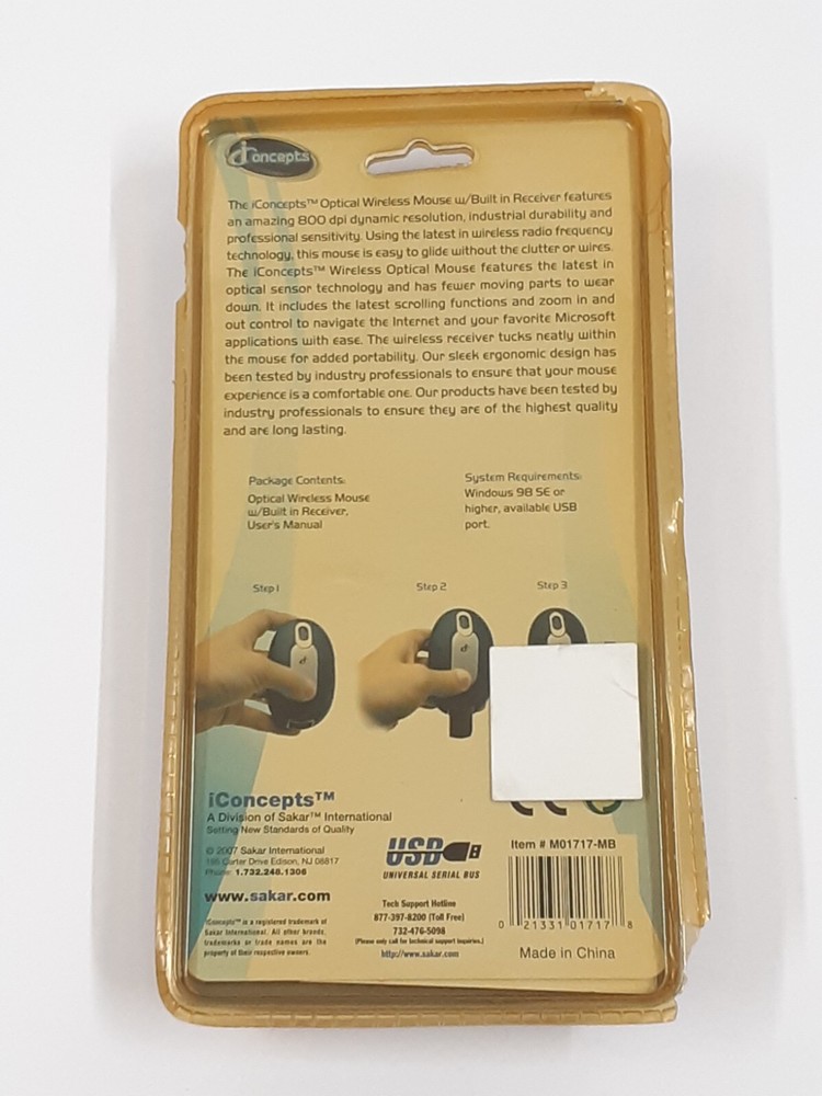 Sakar iConcepts Mobility Optical Wireless Mouse W/ Blt in Receiver M01717MB 2007