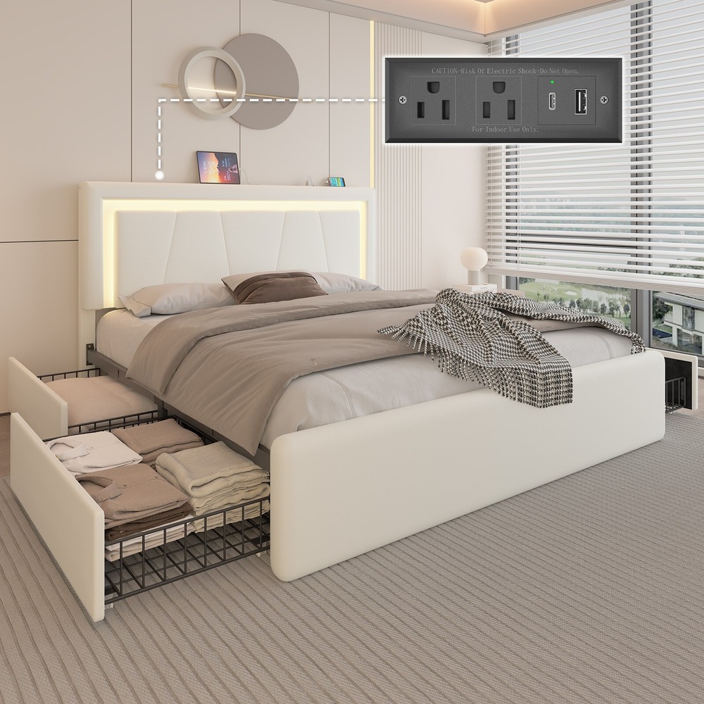 Faux Leather Full Queen Bed Frame with Adjustable Headboard and Charging Station