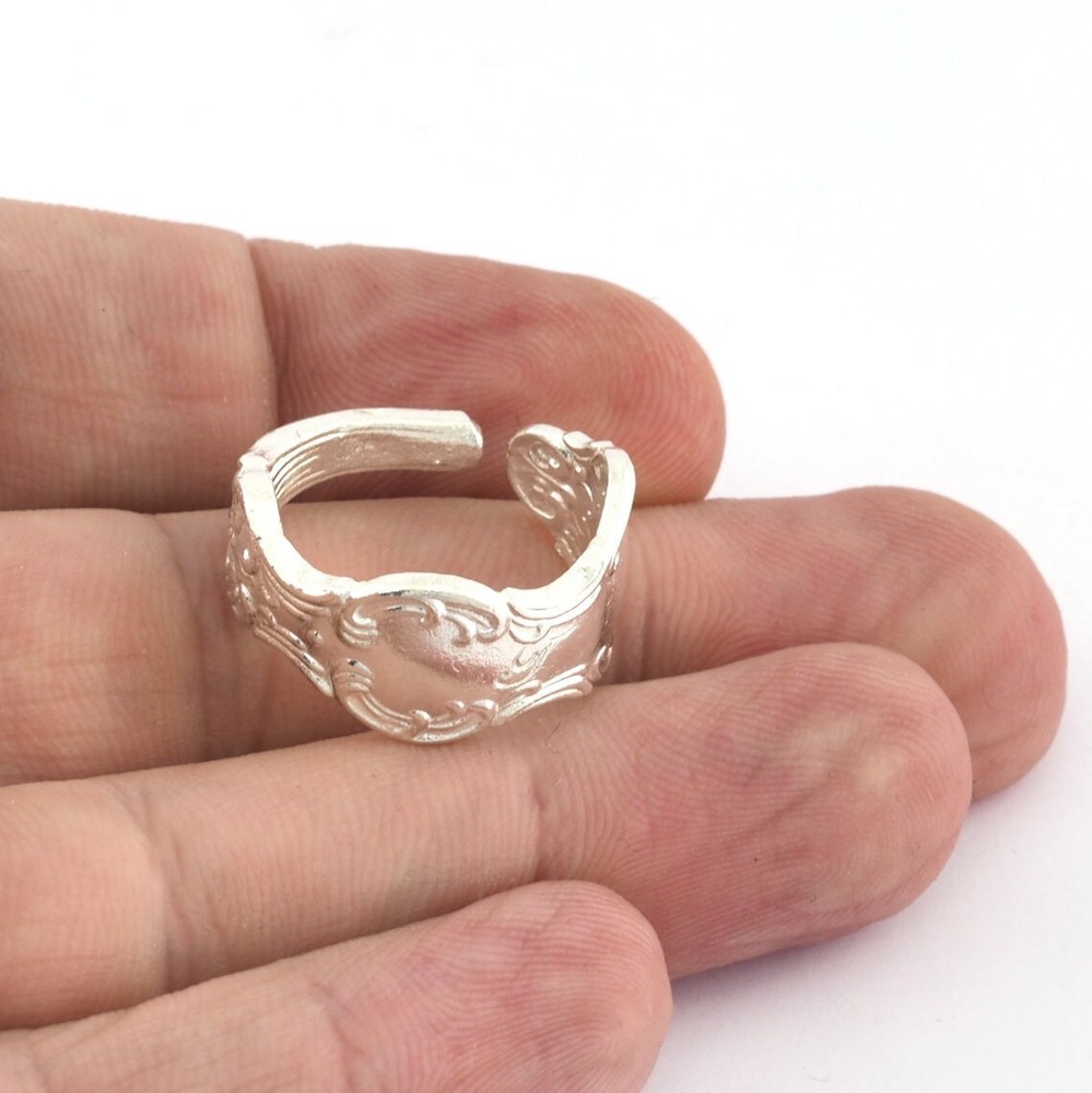 Spoon Ring Flower Patterned Adjustable Shiny Silver Plated brass 8US size 2676