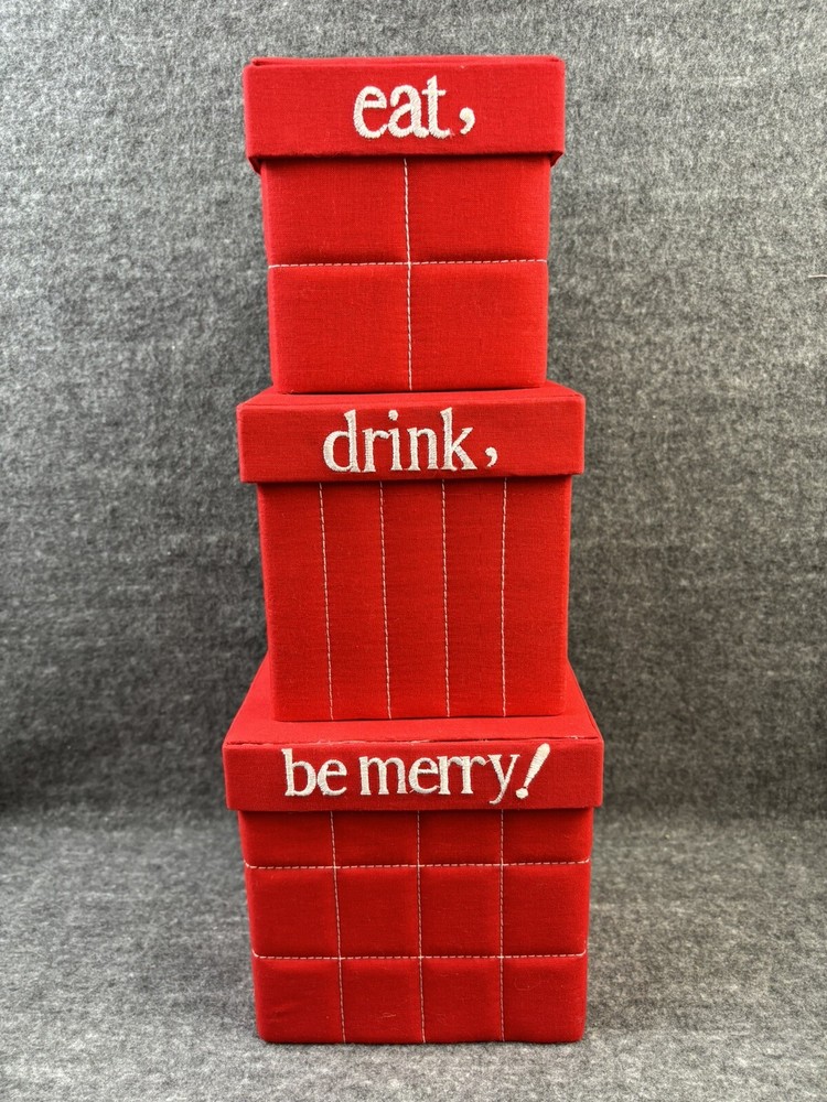 3 PIECE FABRIC QUILTED STACKING NESTING CHRISTMAS BOXES DECOR EAT DRINK BE MERRY