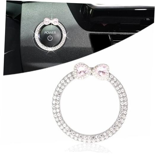 Bow Car Accessories,Double Engine Start Button Ring,Girly Rhinestone Pink Heart