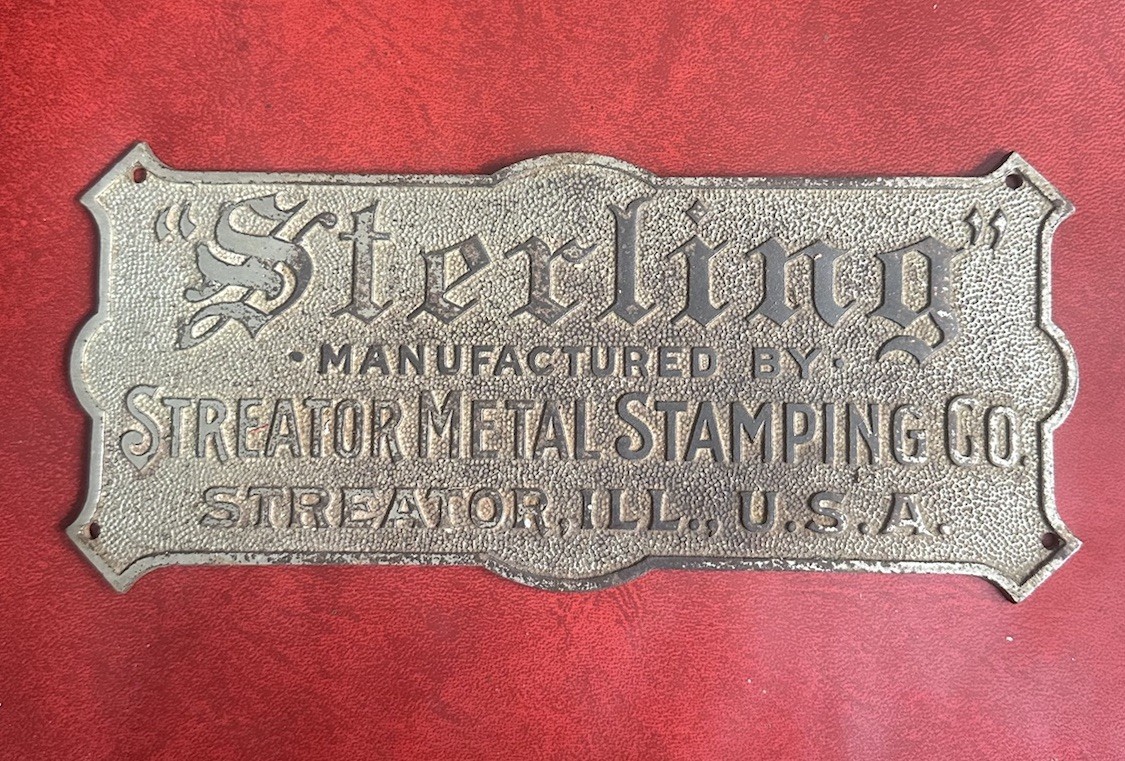 Antique Metal Plaque Nameplate Sterling Streator Metal Stamping co. Illinois