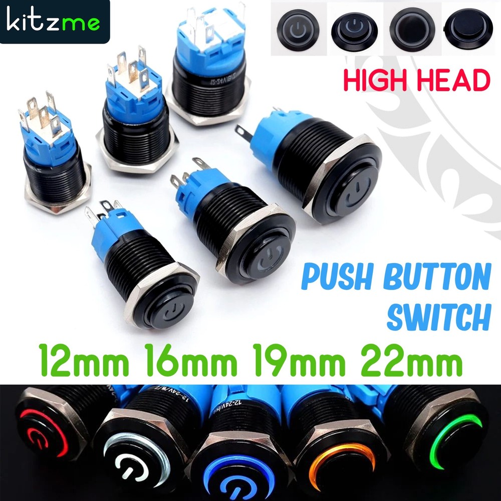 12/16/19/22mm High Head Push Button Switch Black Shell Power Switch LED Car Horn