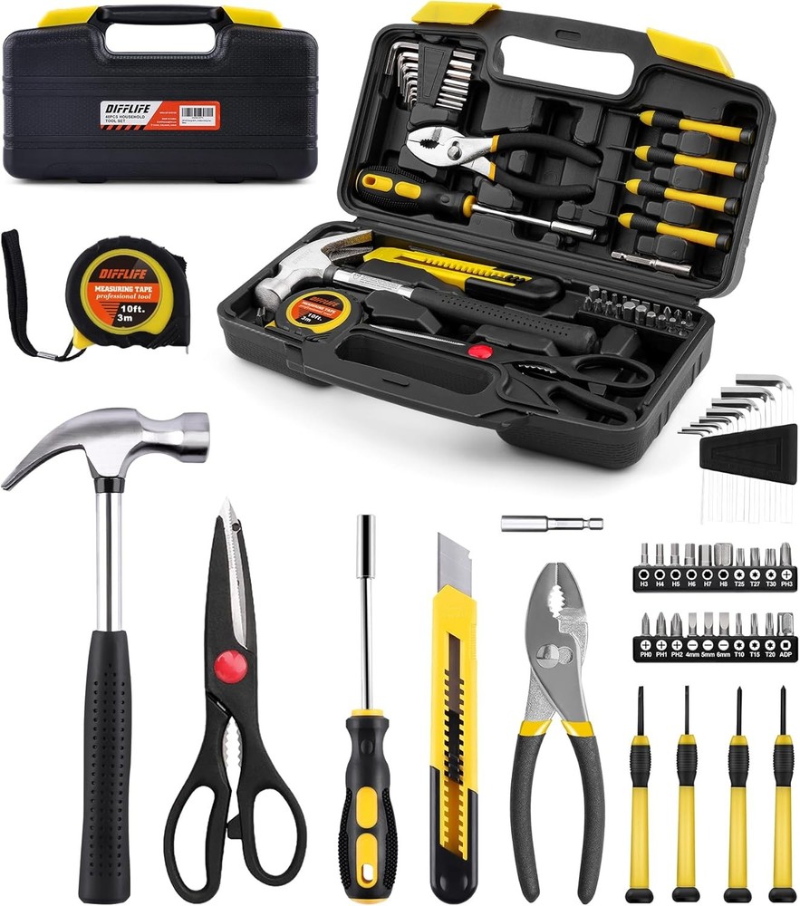 40 piece household hand tool kit with plastic toolbox storage case