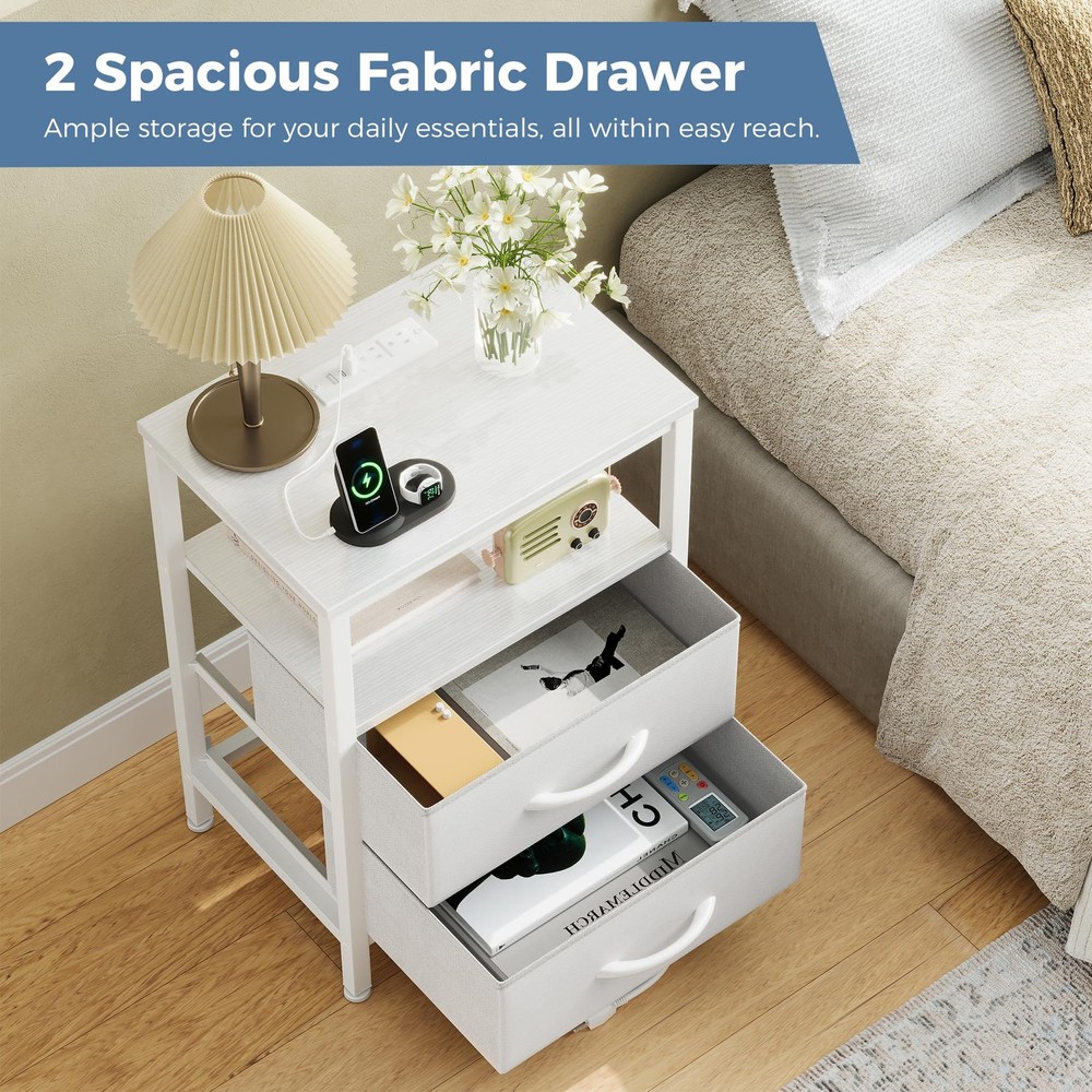 Nightstand with Charging Station, Bedside Table with USB Ports & Type-C, 2 Fa...