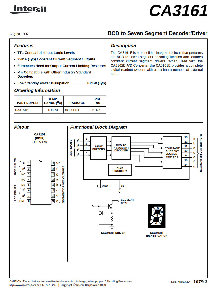 1X CA3161E CA3161 Intersil BCD to 7-Segment LED Decoder Driver IC TTL DIP-16