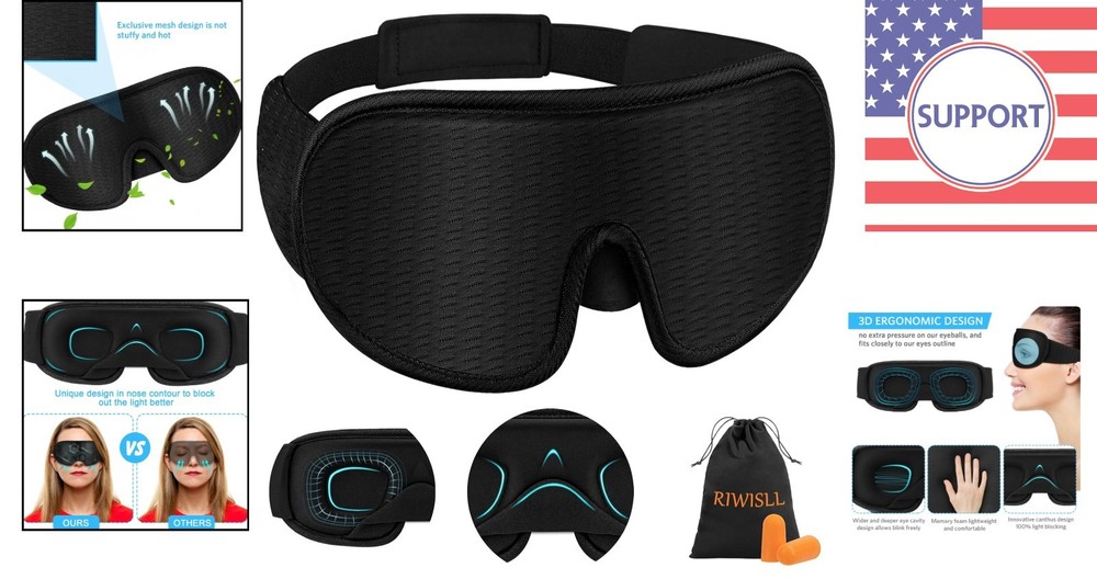 3D Contoured Cup Eye Mask - Comfortable Black Sleep Mask with Adjustable Strap