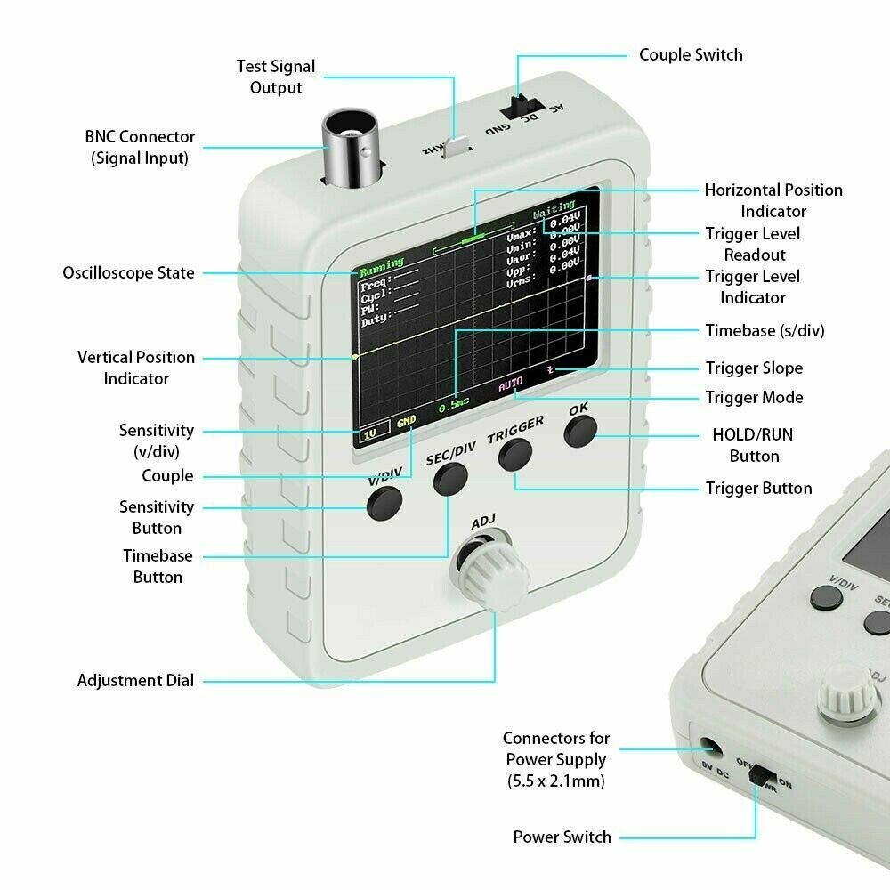 Assembled DSO150 Digital Oscilloscope 2.4in LCD Display With Test Clip Power
