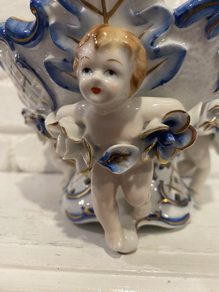 Vintage Blue And White Cherub Bowl 6” Tall