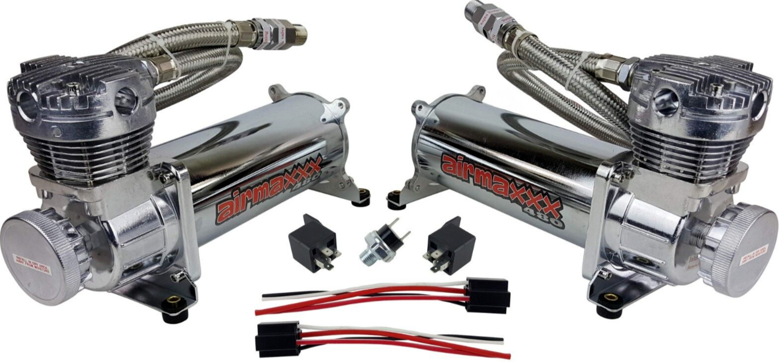 airmaxxx 480 Chrome Dual Compressors w/200 PSI Off Switch For Air Ride Or Horn
