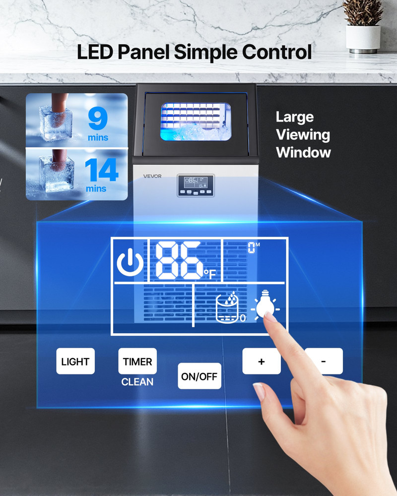 100lb/24H Ice Maker 28lb Bin 45 Cubes SS LED Self-Clean