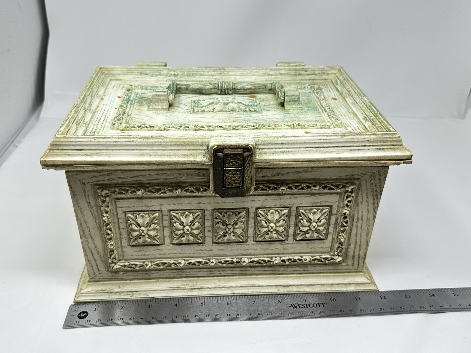 Vintage Max Klein Sewing Box Faux Wood Plastic Storage with Contents Supplies