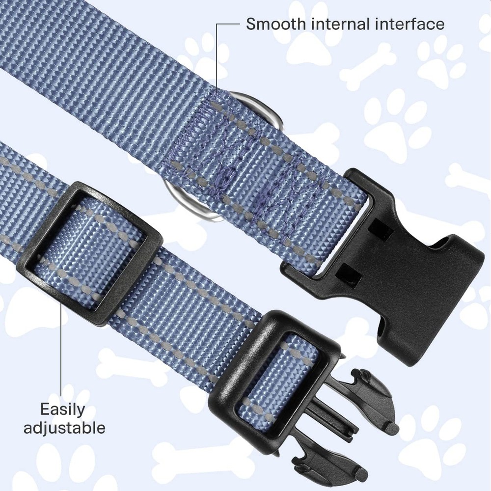 Reflective Dog Collar Sturdy Nylon Adjustable Quick Release Buckle Gray