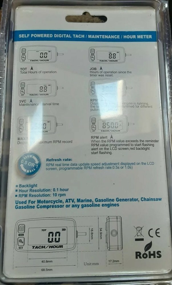 Backlight Digital Tach Maintenance Hour Meter LCD Self Powered Tachometer