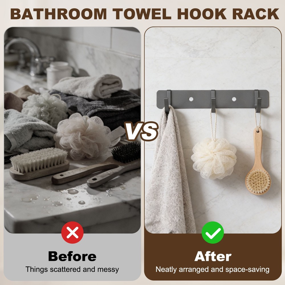 Towel Hook Rack, 10 Inch Wall Mount Coat Rack Rustproof, White 4 Hooks