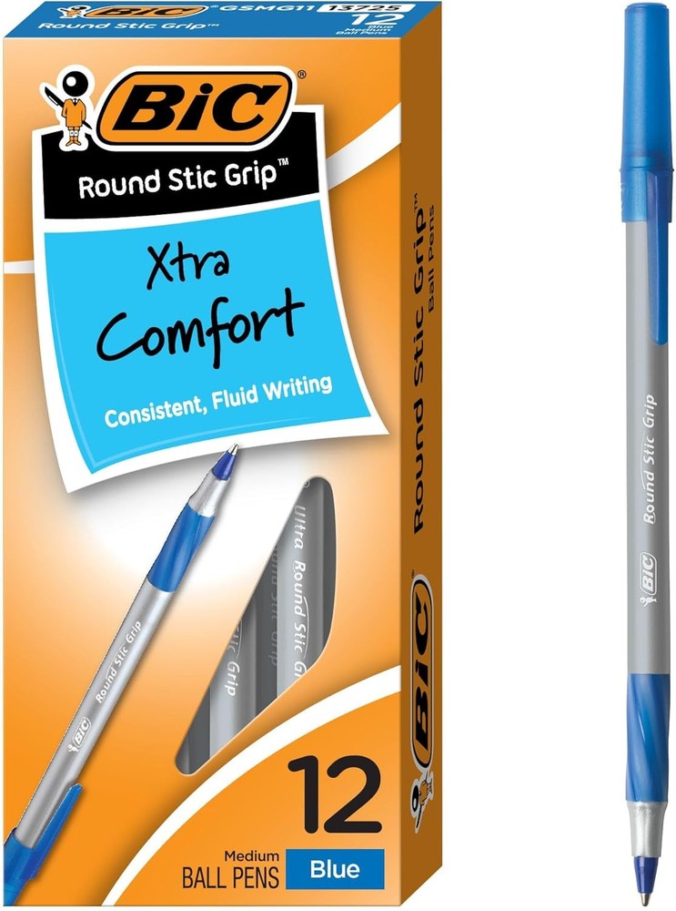 BIC Round Stic Blue Ballpoint Pens, Medium, 12-Pack