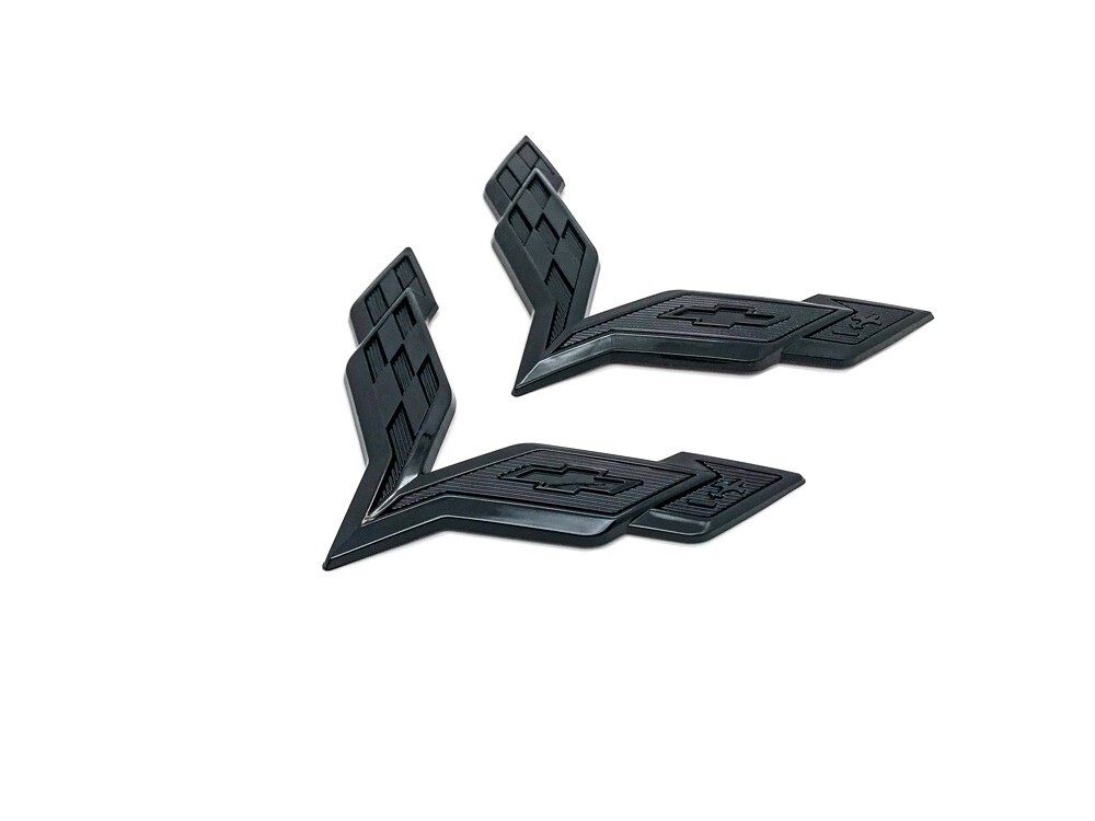 Front & Rear Set Cross Flags Emblem For 2014-2019 Corvette C7 Whole Glossy Black