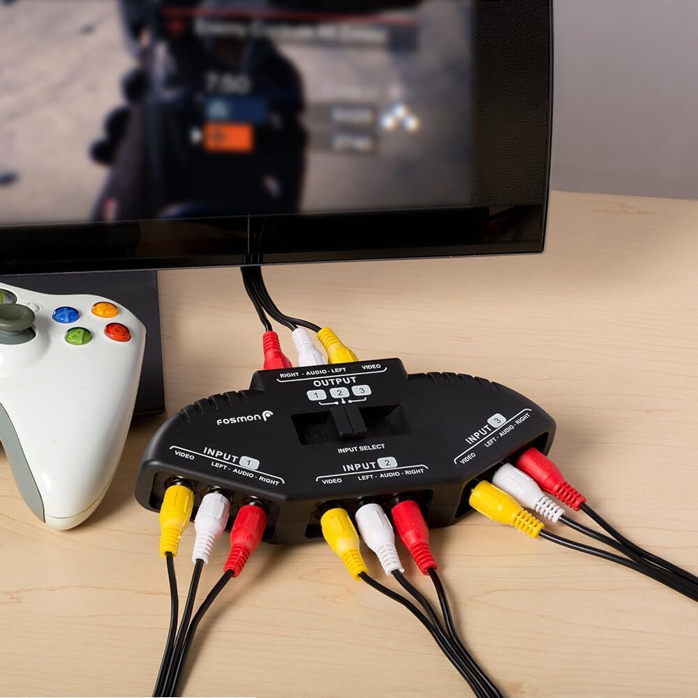 Fosmon 3 Port AV Composite RCA Selector Box Switch Splitter w/ Cable Cord Plug