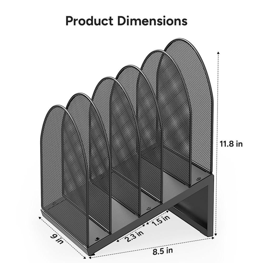5-Section Desk File Organizer, Metal Mesh Folder Organizer for Documents, & O...